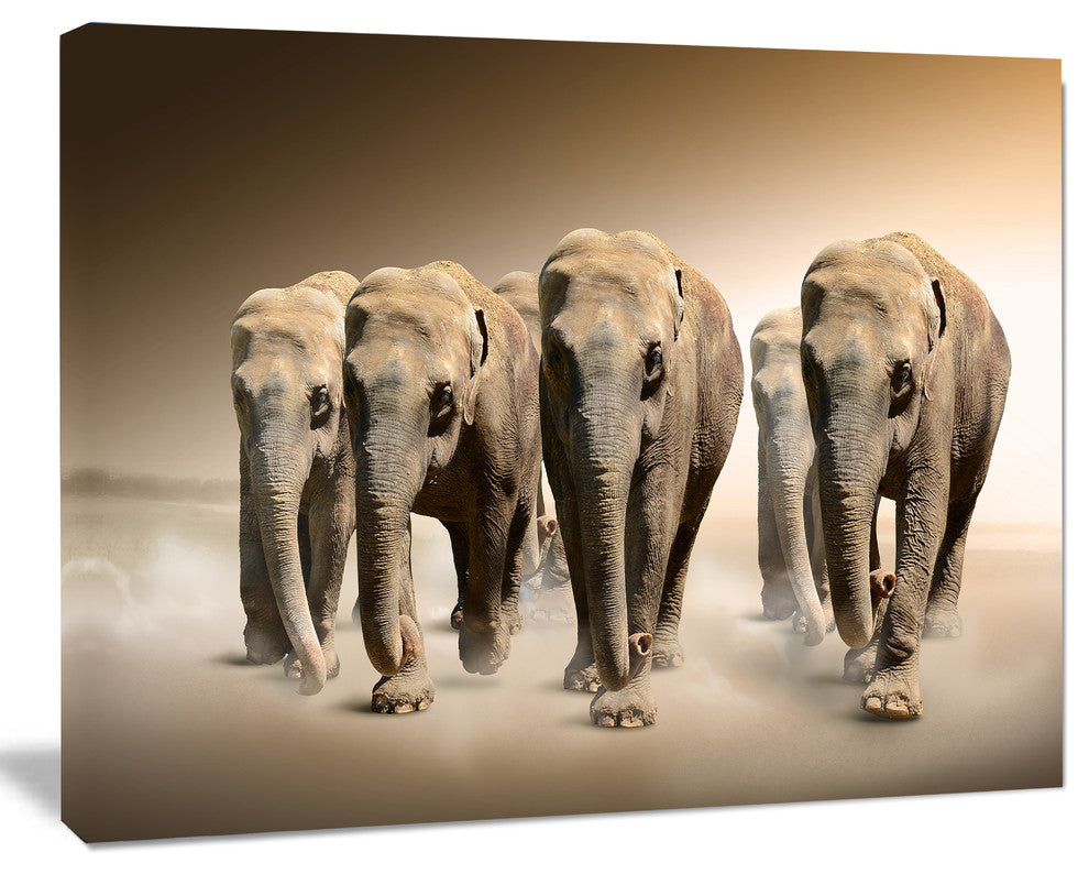 Walking Herd of Elephants, Animal Canvas Wall Art, 20"x12"