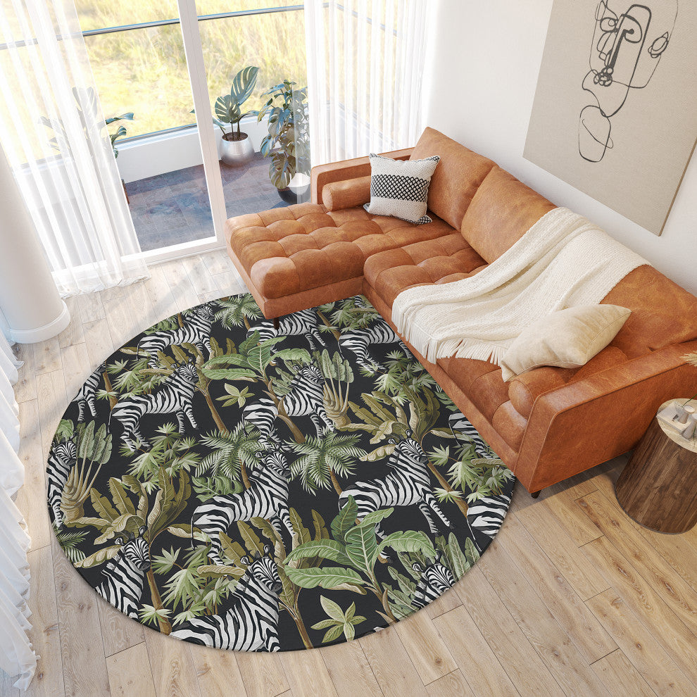 Indoor/Outdoor Tropics TC13 Black Machine Washable 8' x 8' Round Rug