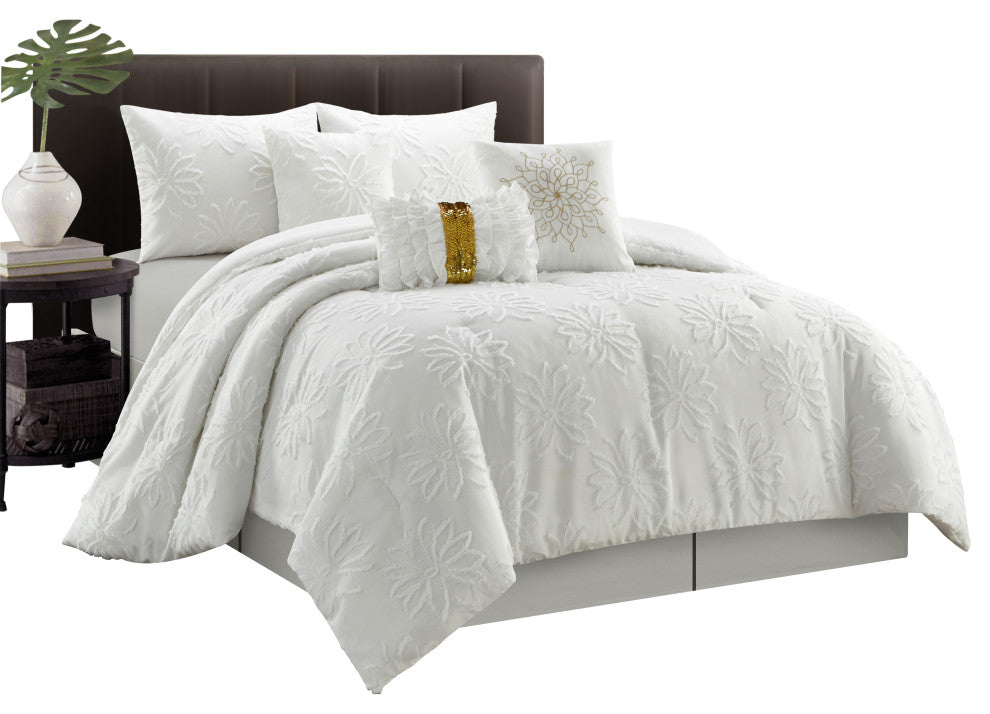 Altair Clip 7 Piece Comforter Set, White, Queen