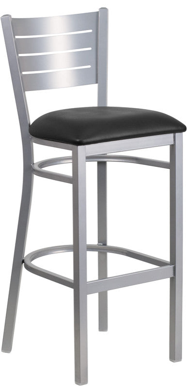 Silver Slat Back Metal Restaurant Barstool, Black Vinyl Seat