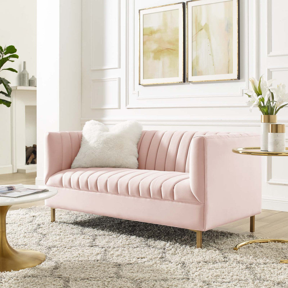 Tufted Loveseat Sofa, Velvet, Pink, Modern, Living Lounge Hotel Hospitality