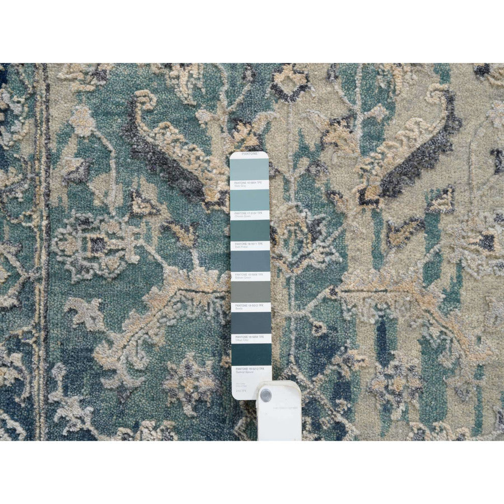 Blue/Teal Erased Wool And Silk Hand Knotted Broken Heriz Runner Rug, 2'7"x10'0"