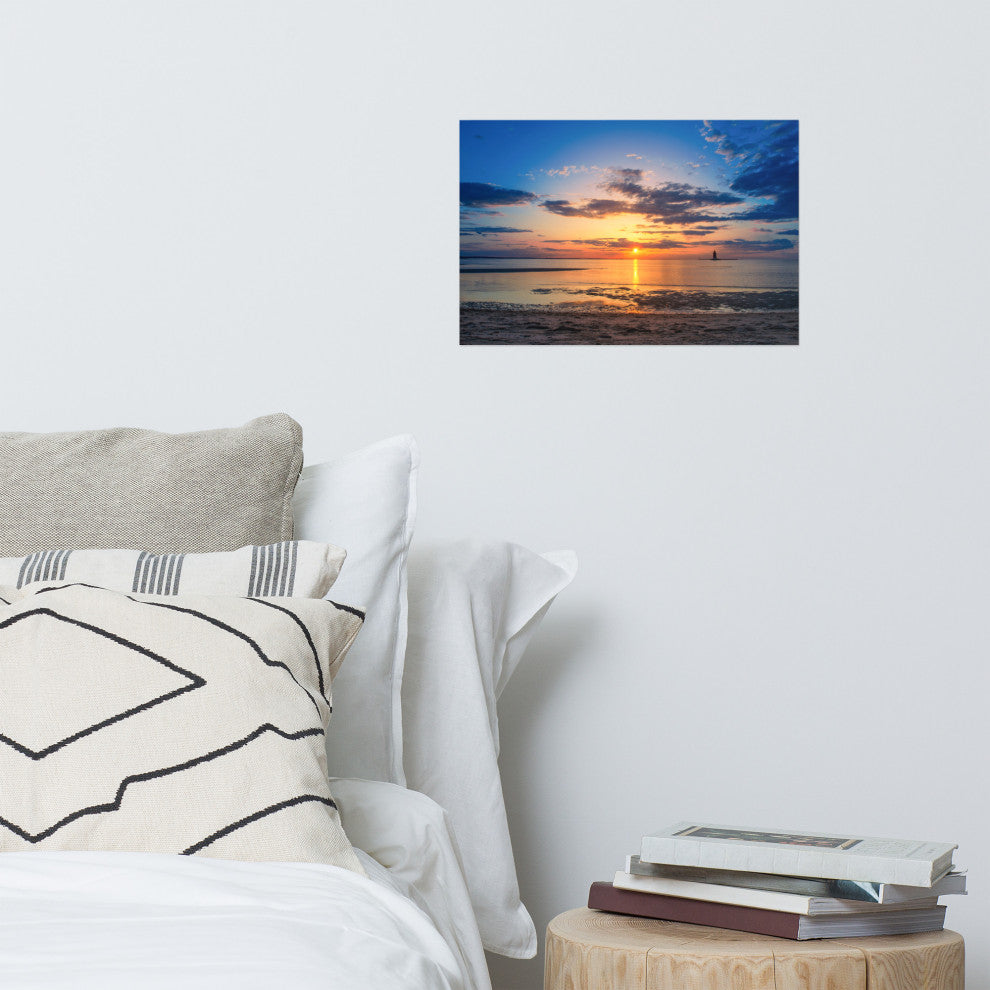Sunset at Breakwater Lighthouse Coastal Landscape Unframed Wall Art Print, 12" X 18"