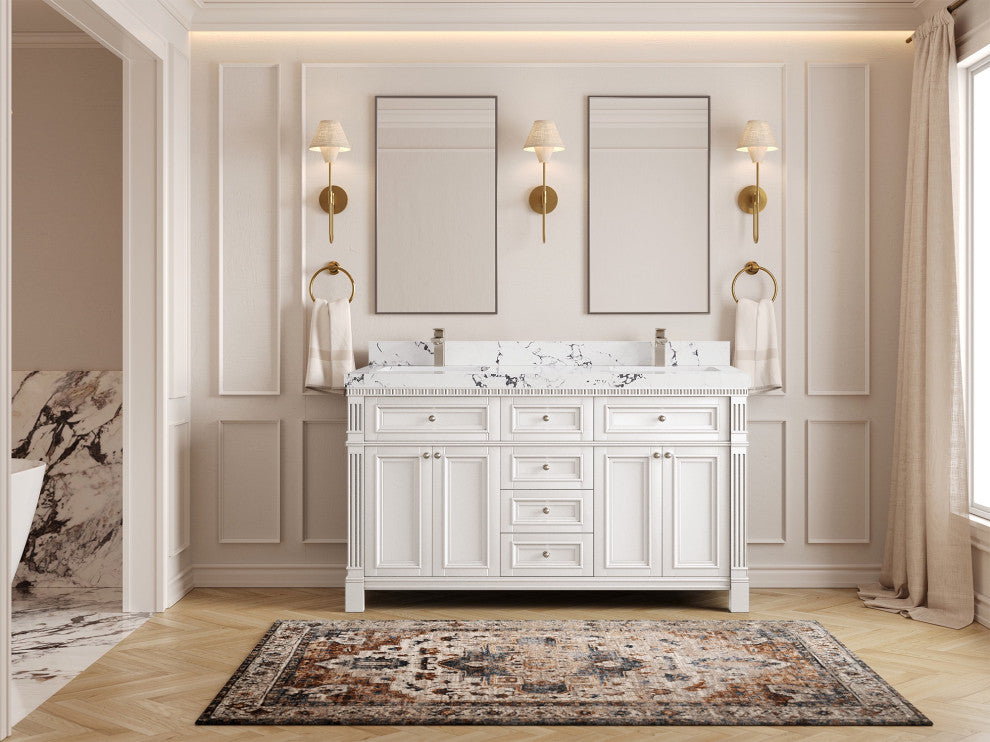 Paris 60" Double Sink Bathroom Vanity, White 2" Viola Night