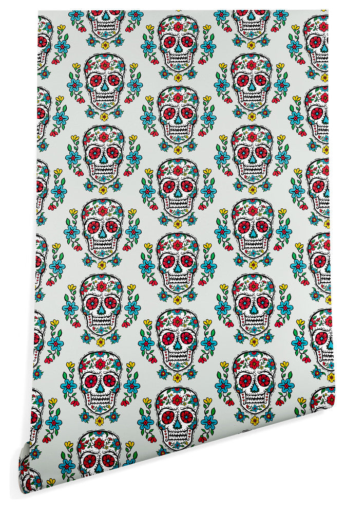 Deny Designs Andi Bird Sugar Skull Tattoo Slate Wallpaper, Blue, 2'x10'