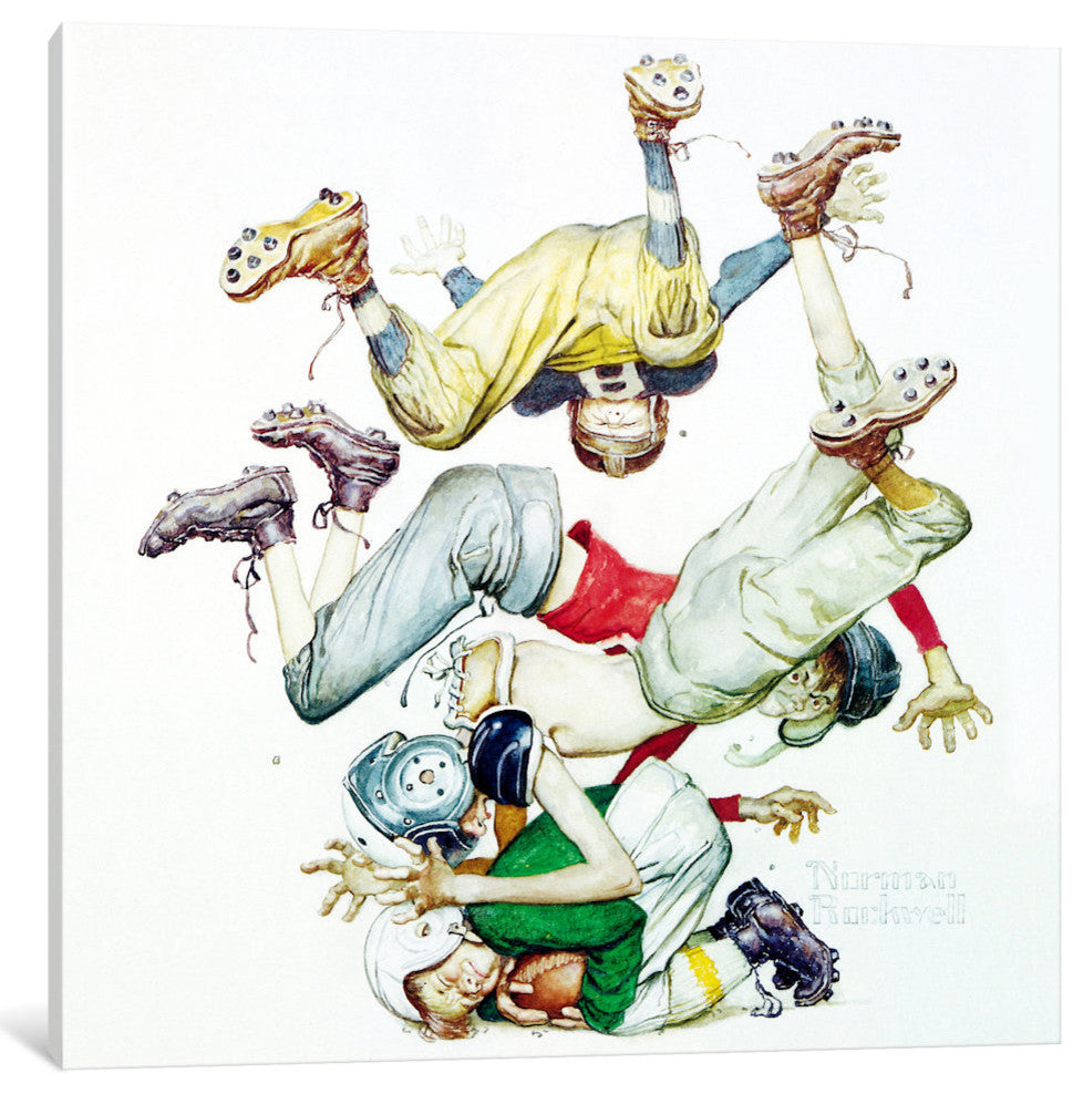 "First Down (Four Sporting Boys: Football)" by Norman Rockwell, 26x26x1.5"