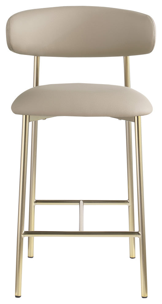 Lupita Upholstered Counter Stool, Taupe, Vegan Leather, Brushed Gold, Set of 2