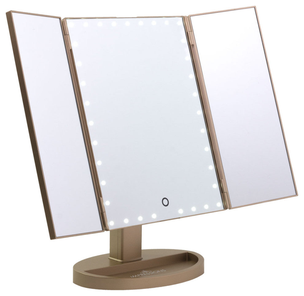 Touch Trifold XL Dimmable LED Makeup Mirror, Champagne Gold