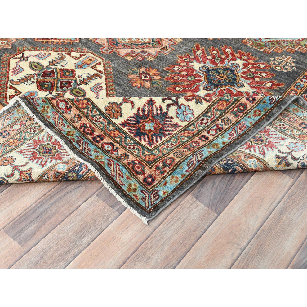 Stone Gray, Extra Soft Wool, Hand Knotted Afghan Super Kazak Rug, 10'3"x13'10"