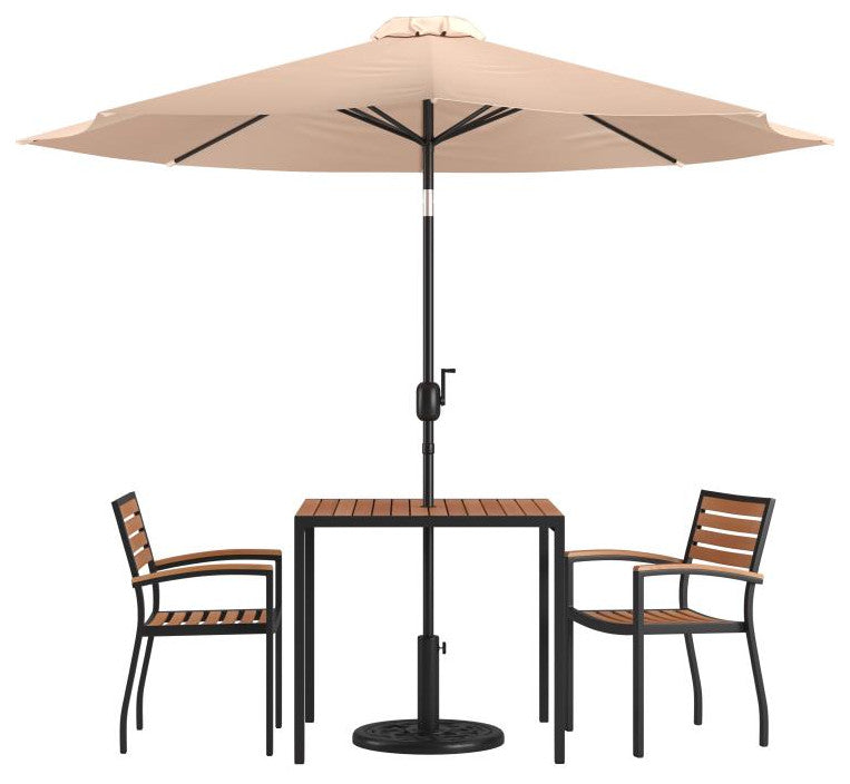 Lark 5 Pc Patio Table Set, 2 Stackable Chairs, 35" Square Table,Umbrella w/Base,