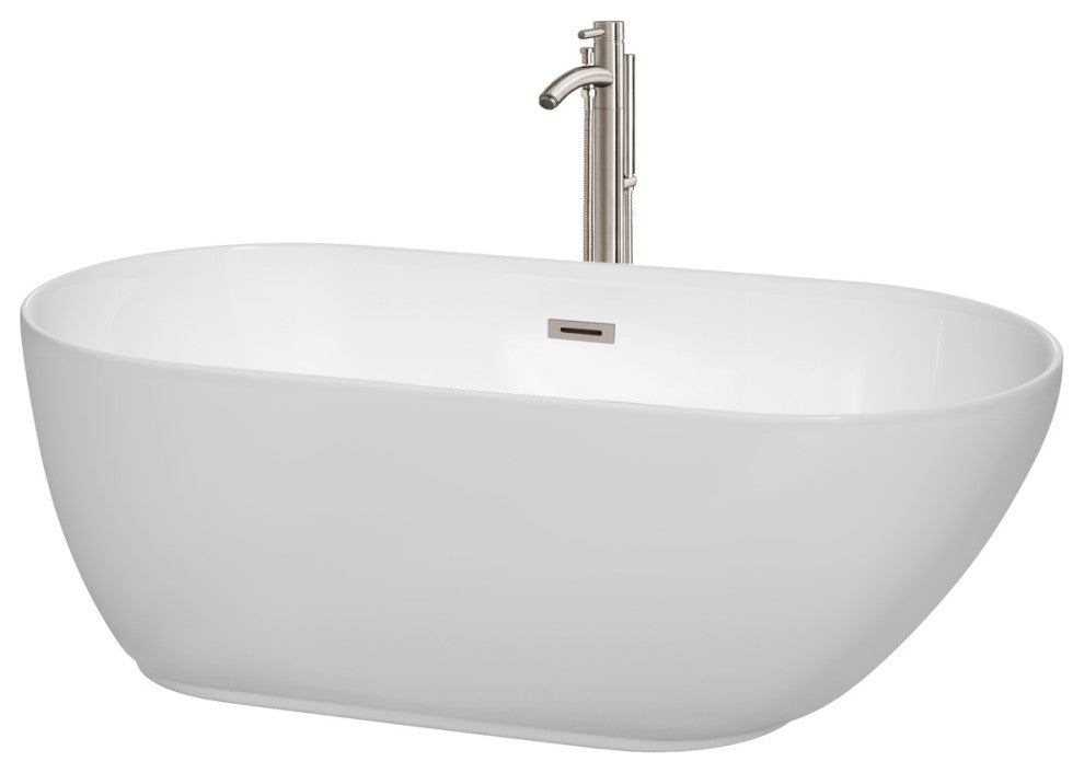 Melissa 60" Freestanding White Bathtub, Brushed Nickel Tub Filler & Trim Kit