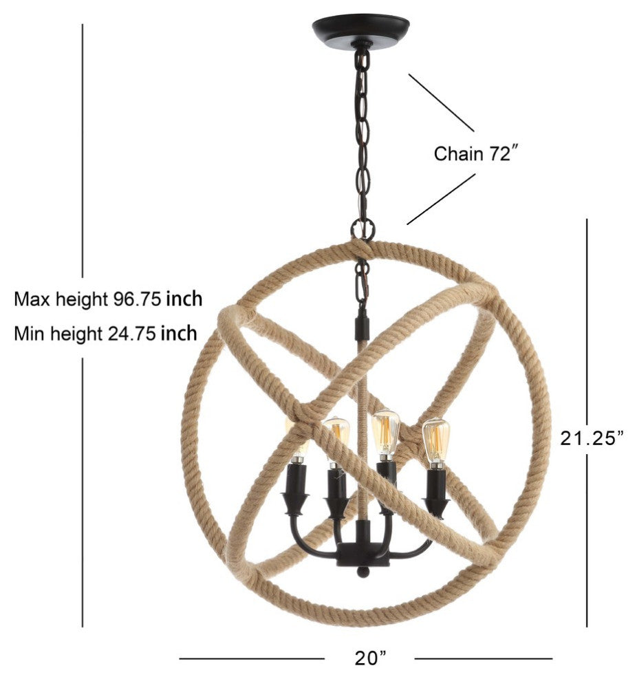 Soka 4-Light 20" Adjustable Rope Globe LED Chandelier, Black and Brown