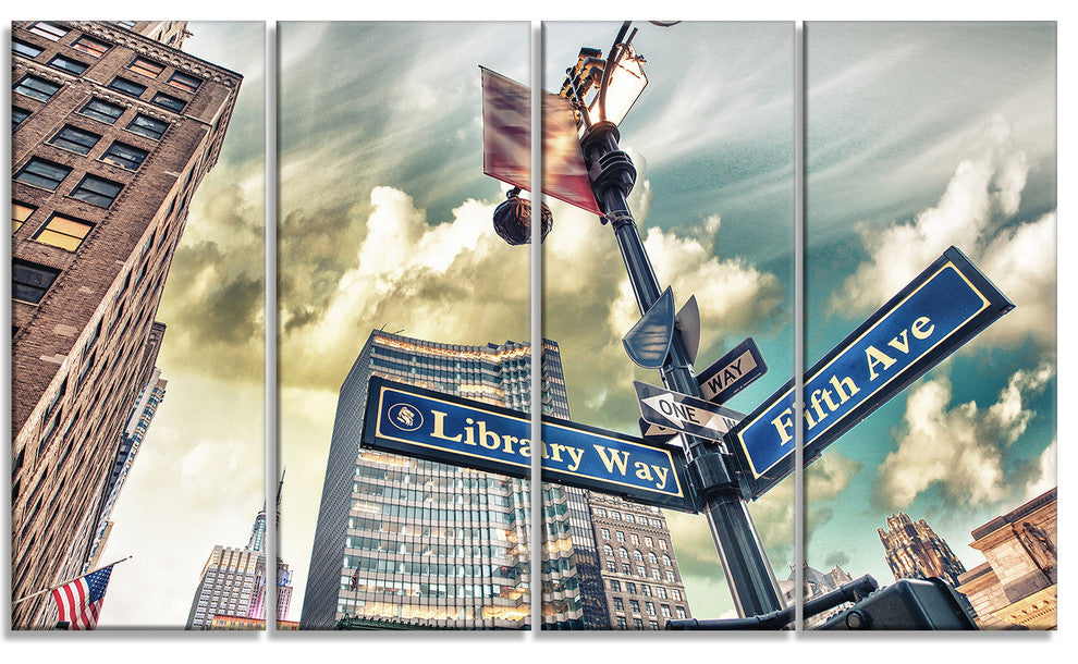 Library Way and 5th Avenue Street Signs, Cityscape Canvas Art, 48"x28", 4 Panels