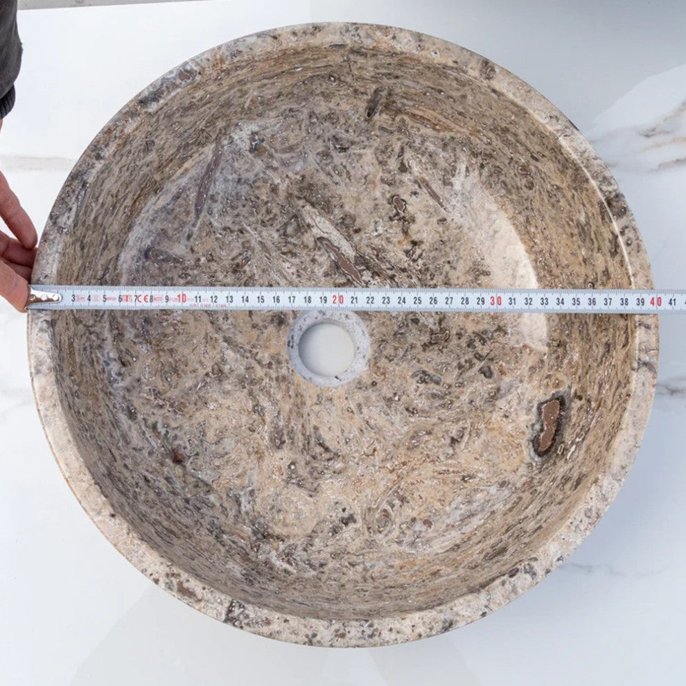 Silver Latte Travertine Natural Stone Vessel Sink Filled-Polished (D)16" (H)5"
