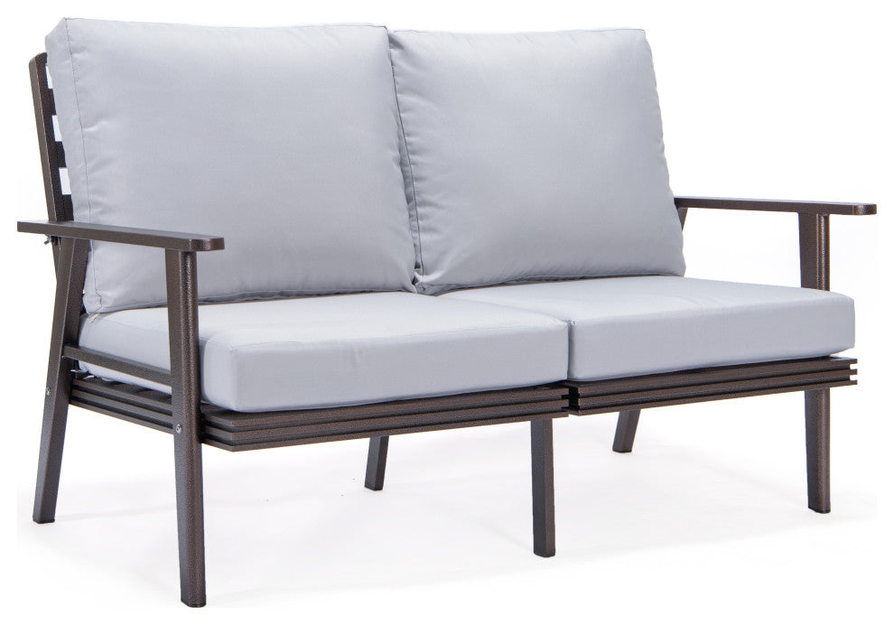 Leisuremod Walbrooke Patio Loveseat With Brown Aluminum Frame, Light Gray