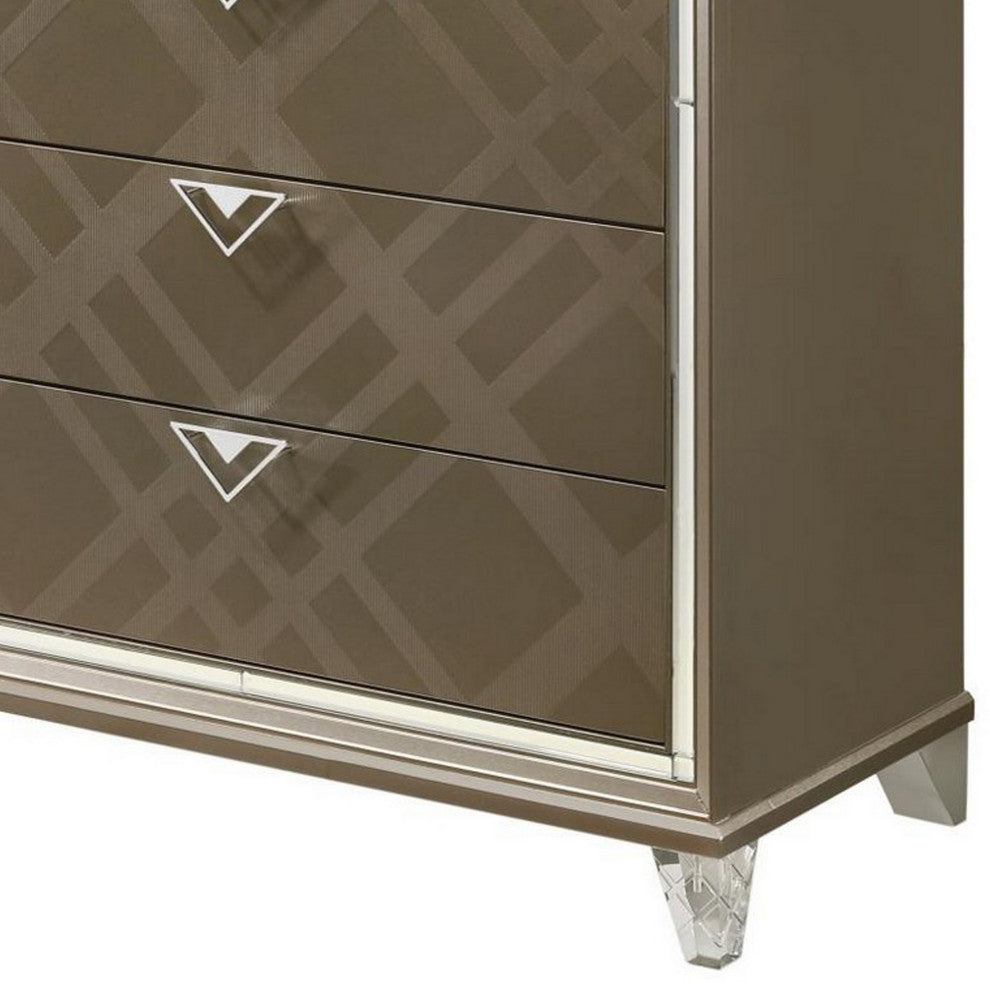 Benzara BM230130 5 Drawer Wooden Chest With Acrylic Legs, Taupe Brown