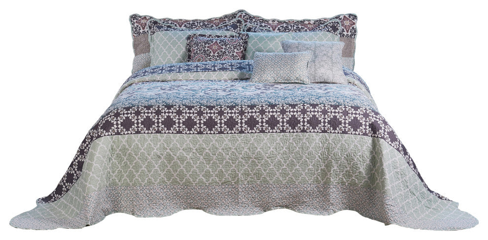 Royal Scroll 9-Piece Bedspread Set, Teal, Oversized King, 122"x106"
