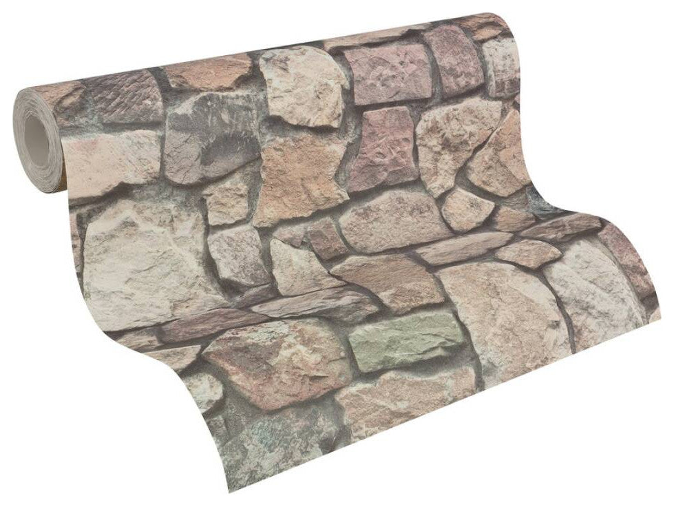 Faux Textured Wallpaper Stones, Brown Orange Gray, One Roll