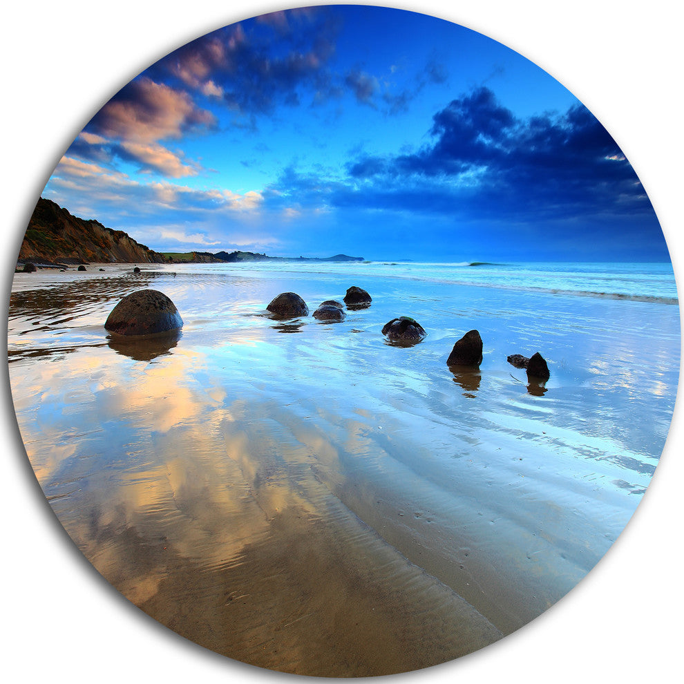 Cloudy Sky Over Moeraki Boulders, Seashore Disc Metal Wall Art, 23"