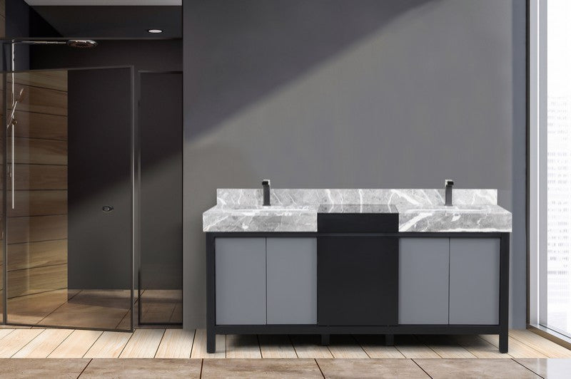 Zilara 72" Black and Grey Double Vanity, Balzani Gun Metal Faucet Set