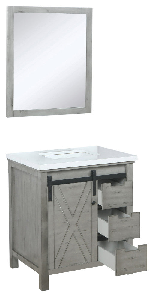 Marsyas 30" Ash Gray Single Vanity Cabinet Quartz Top Sink, 28" Wall Mirror