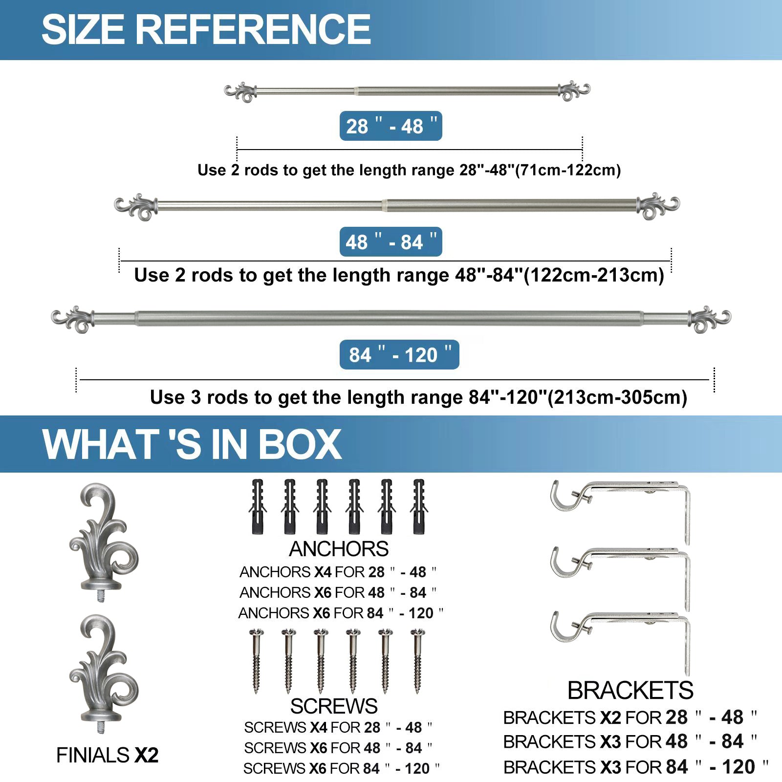 1" Coda Adjustable Curtain Rod, 28"-48", Pewter