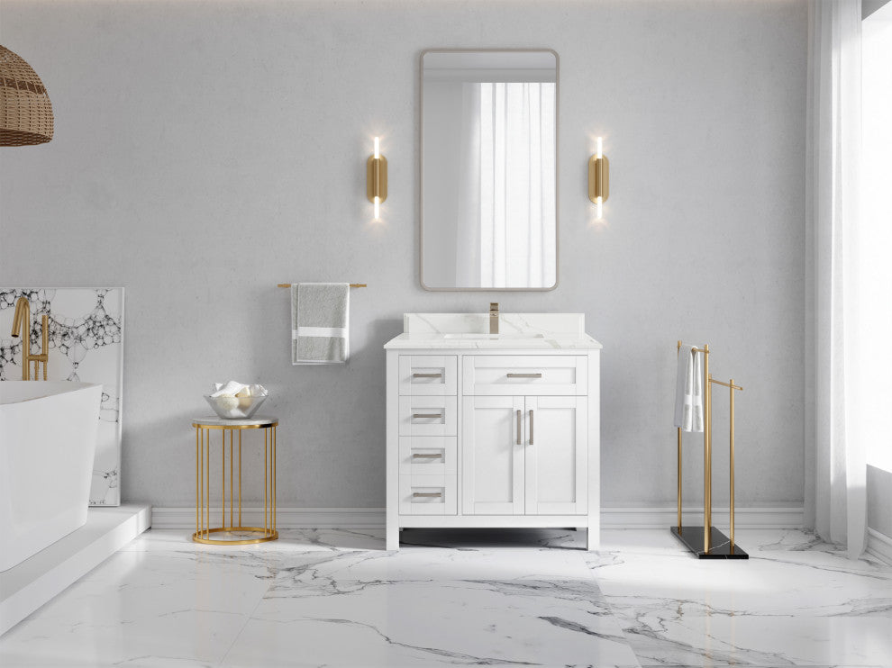 Cambridge 36 Center Sink Bath Vanity in White 1.5" Calacatta Laza