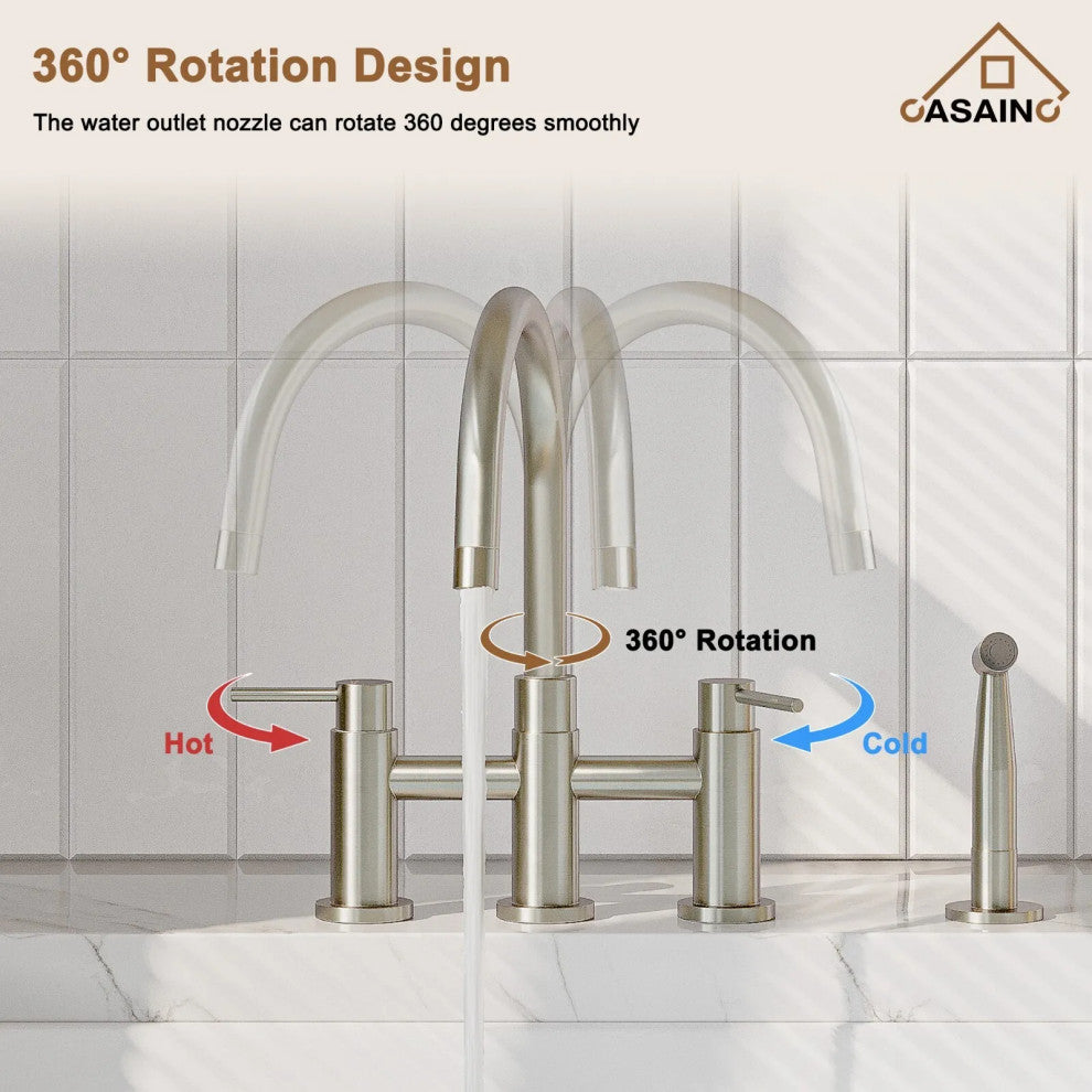 CASAINC Bridge Kitchen Faucet Double Handle with Side Sprayer 3 Color, Brushed Nickel