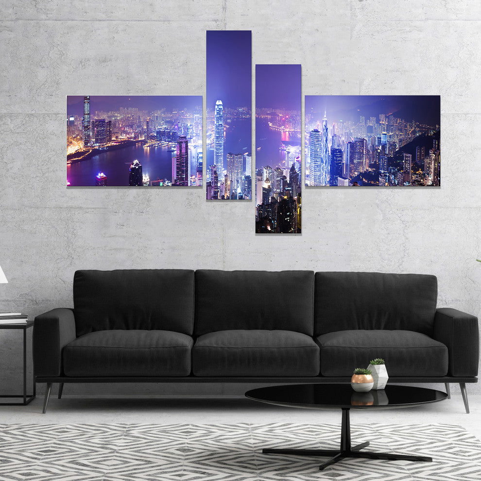 Hong Kong Night City, Cityscape Photo Canvas Art Print, 60"x32", 4 panels
