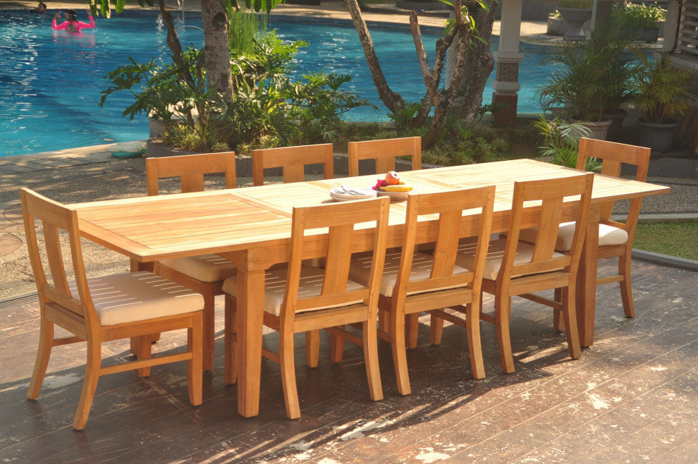 9-Piece Outdoor Teak Dining Set: 122" Ext Rectangle Table, 8 Osbo Armless Chairs