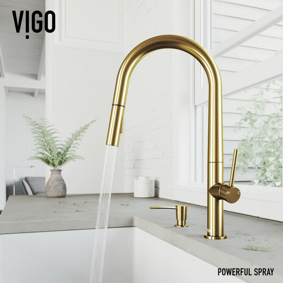 VIGO Greenwich 18" H Single Handle Pull-Down Sprayer Kitchen Faucet, Matte Brushed Gold, No Sensor, With Soap Dispenser