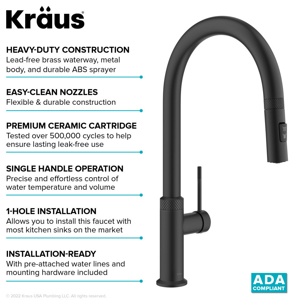 Oletto Pull-Down 1-Hole Kitchen Faucet, Matte Black, Model Kpf-2654mb