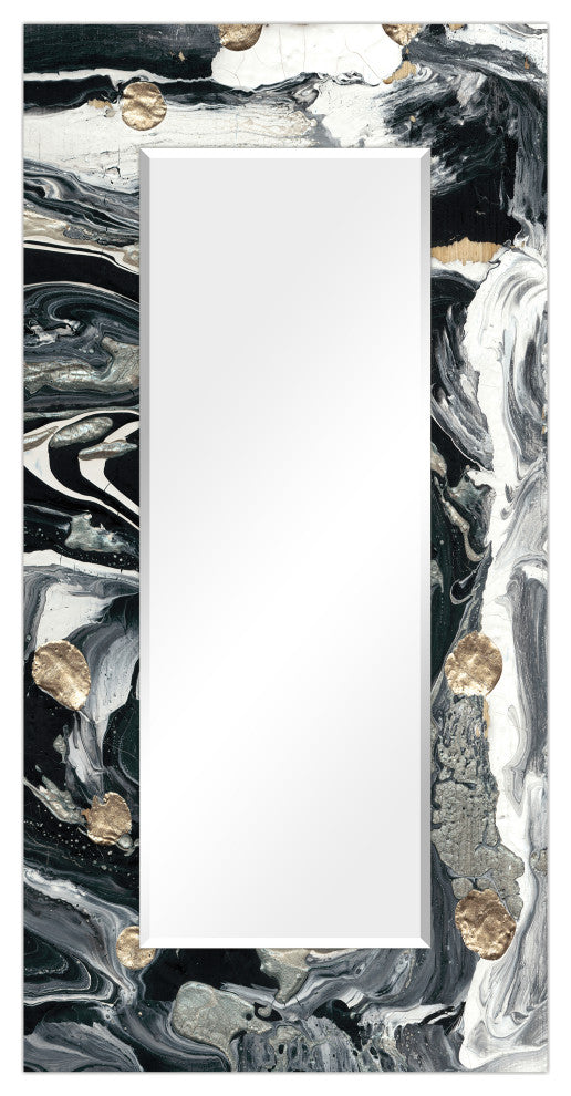 Abstract Rectangular Beveled Mirror on Free Floating Printed Tempered Art Glass