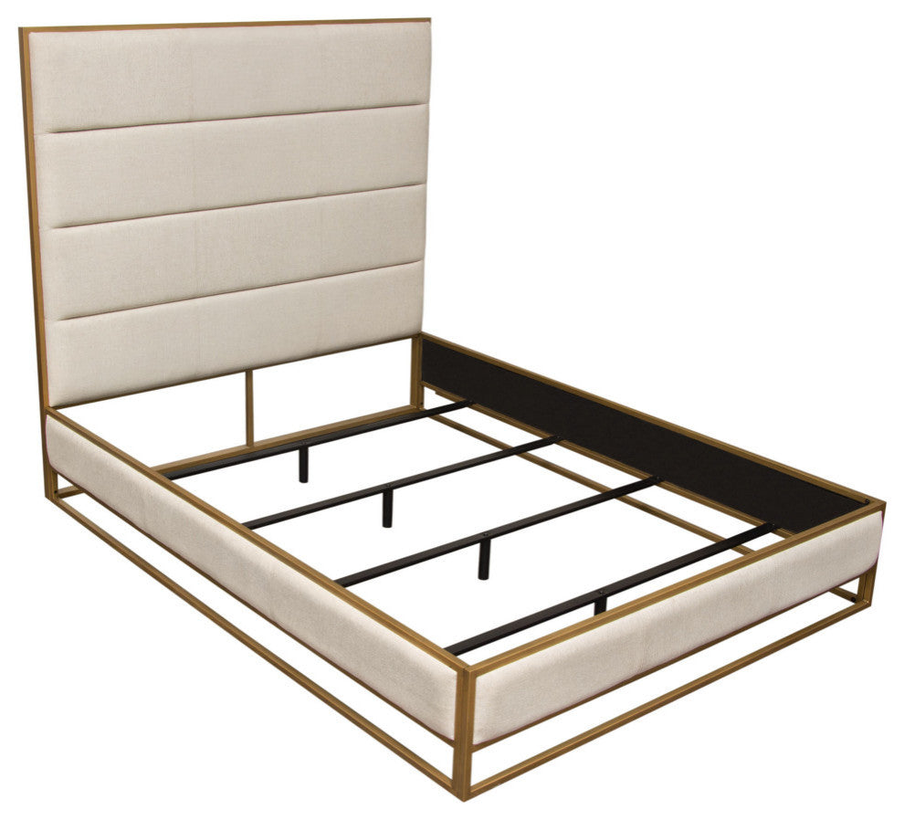 Empire Eastern King Bed, Sand Fabric With Hand brushed Gold Metal Frame