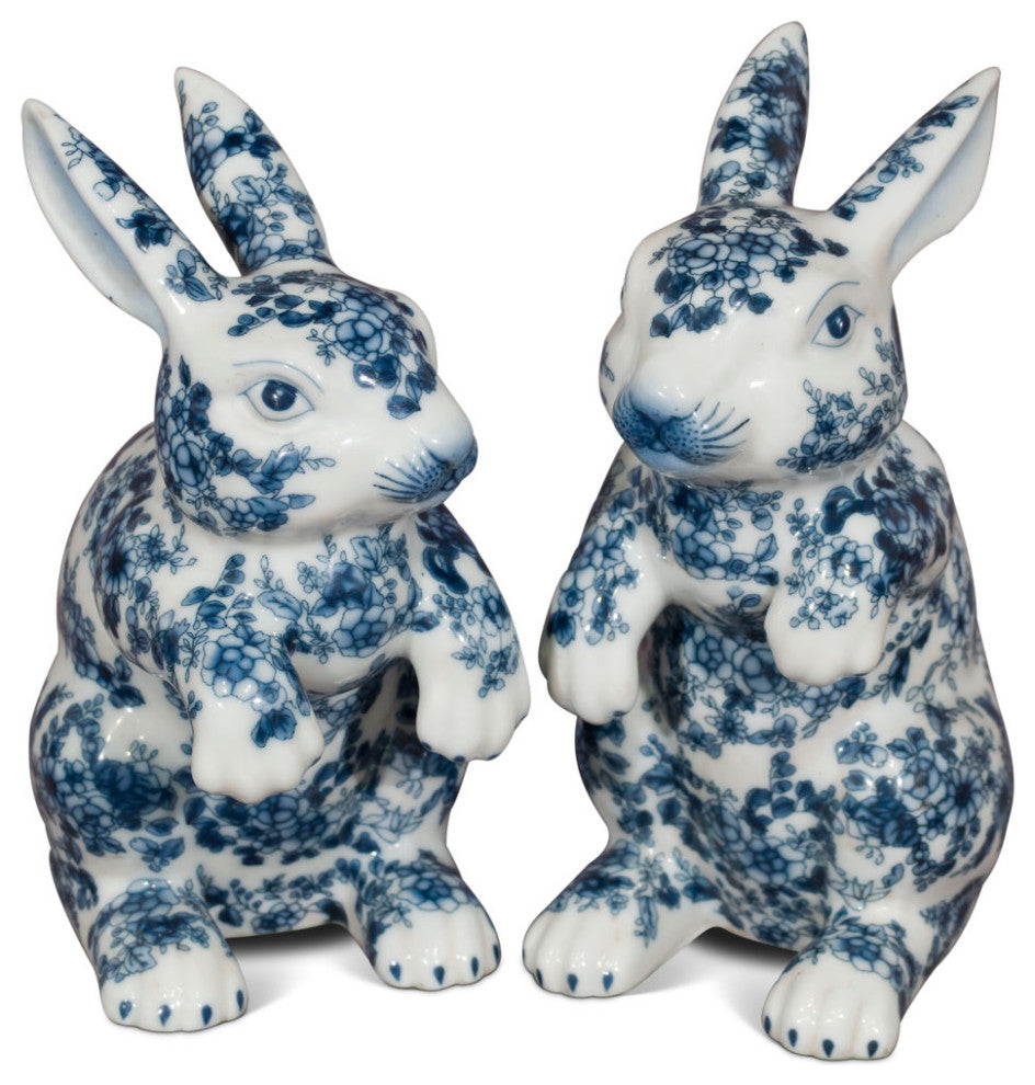 Blue and White Porcelain Rabbit Chinese Statue Set