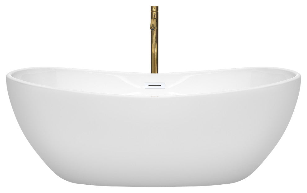 Rebecca 60 to 70" Freestanding Bathtub with options, Shiny White Trim, 65 Inch, Floor Mounted Faucet in Brushed Gold