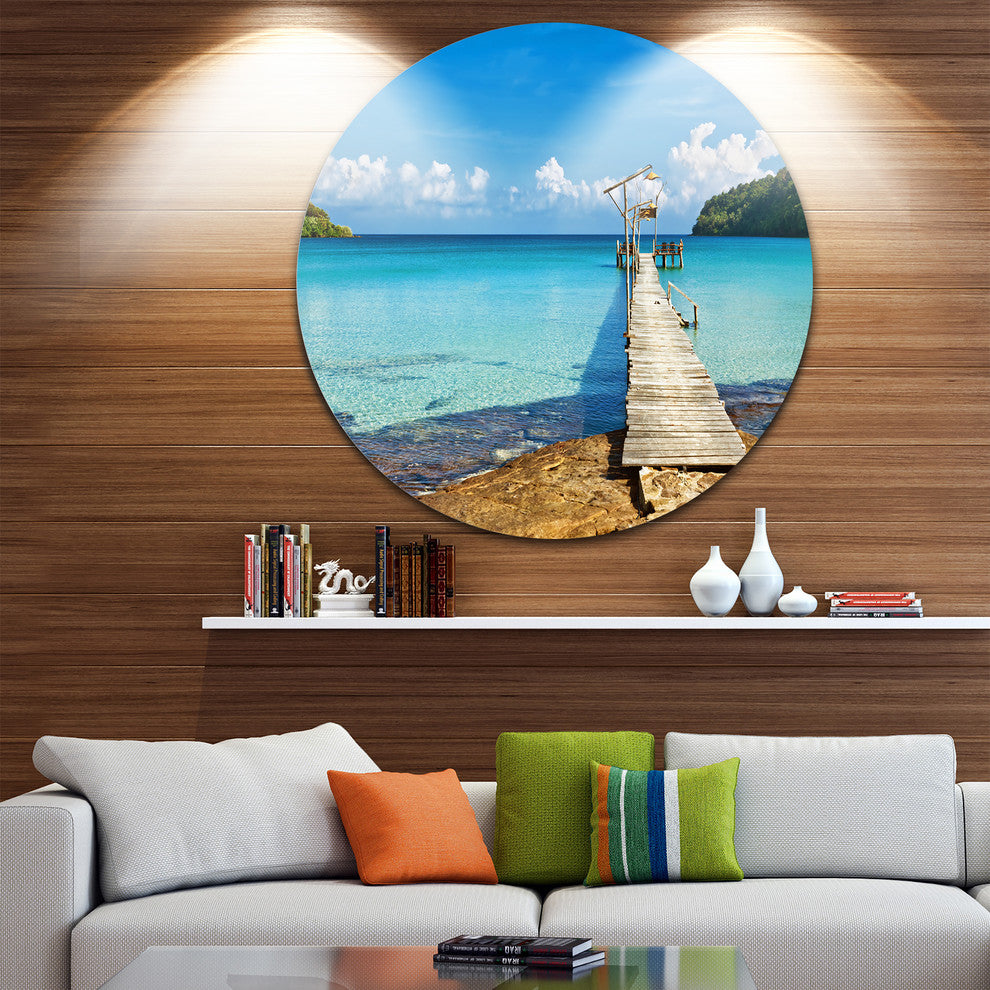 Old Wooden Pier In Sea, Seascape Photo Round Wall Art, 38"