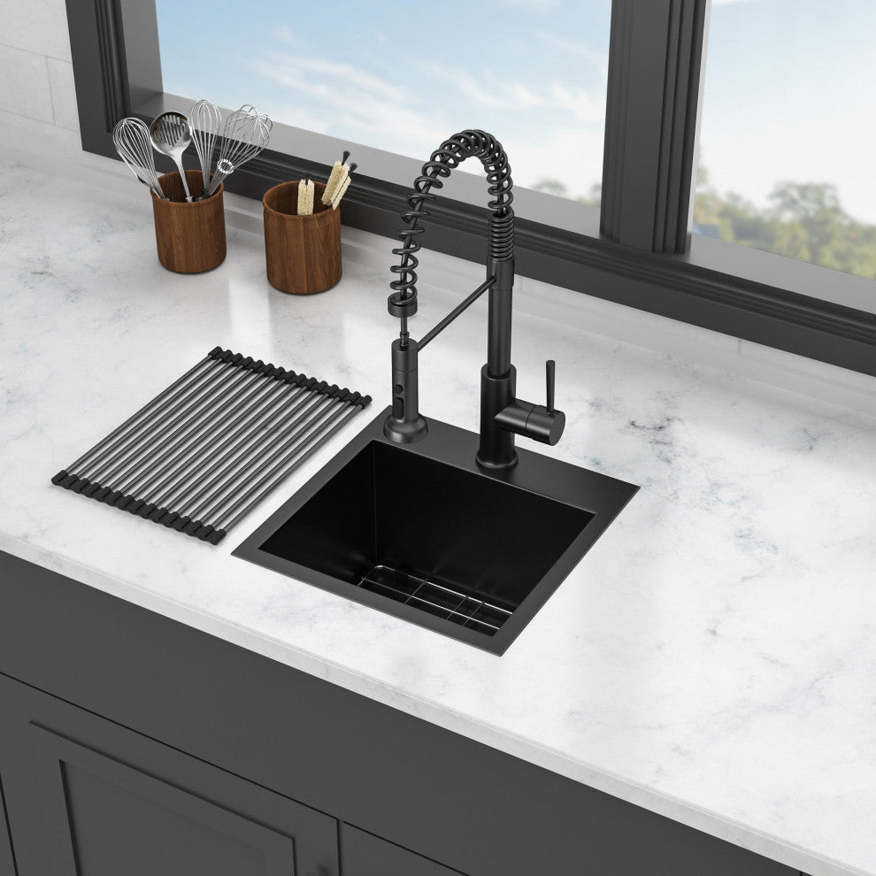 Black Stainless Steel Single Bowl Drop-In Kitchen Sink with Rinse Grid, Gunmetal Black, 15'' X 15''