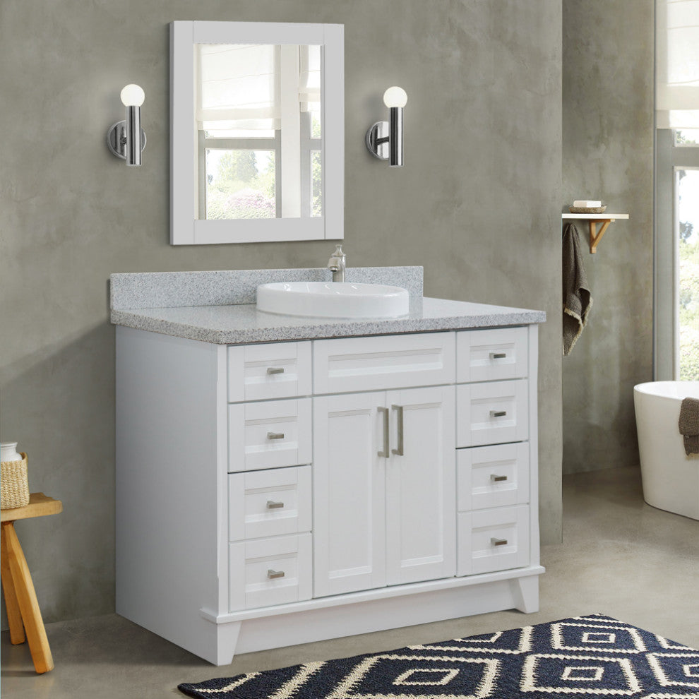 49" Single Sink Vanity, White Finish With Gray Granite And Round Sink
