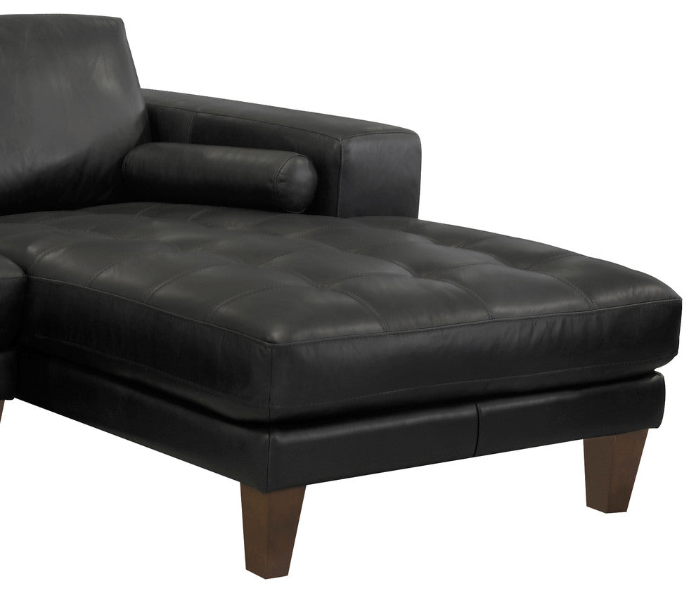 Wynne Contemporary Sectional, Genuine Black Leather With Brown Wood Legs