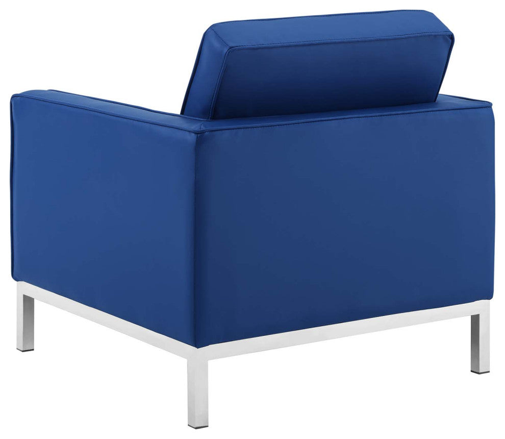 Tufted Armchair Accent Chair, Set of 2, Faux Leather, Silver Blue Navy, Modern