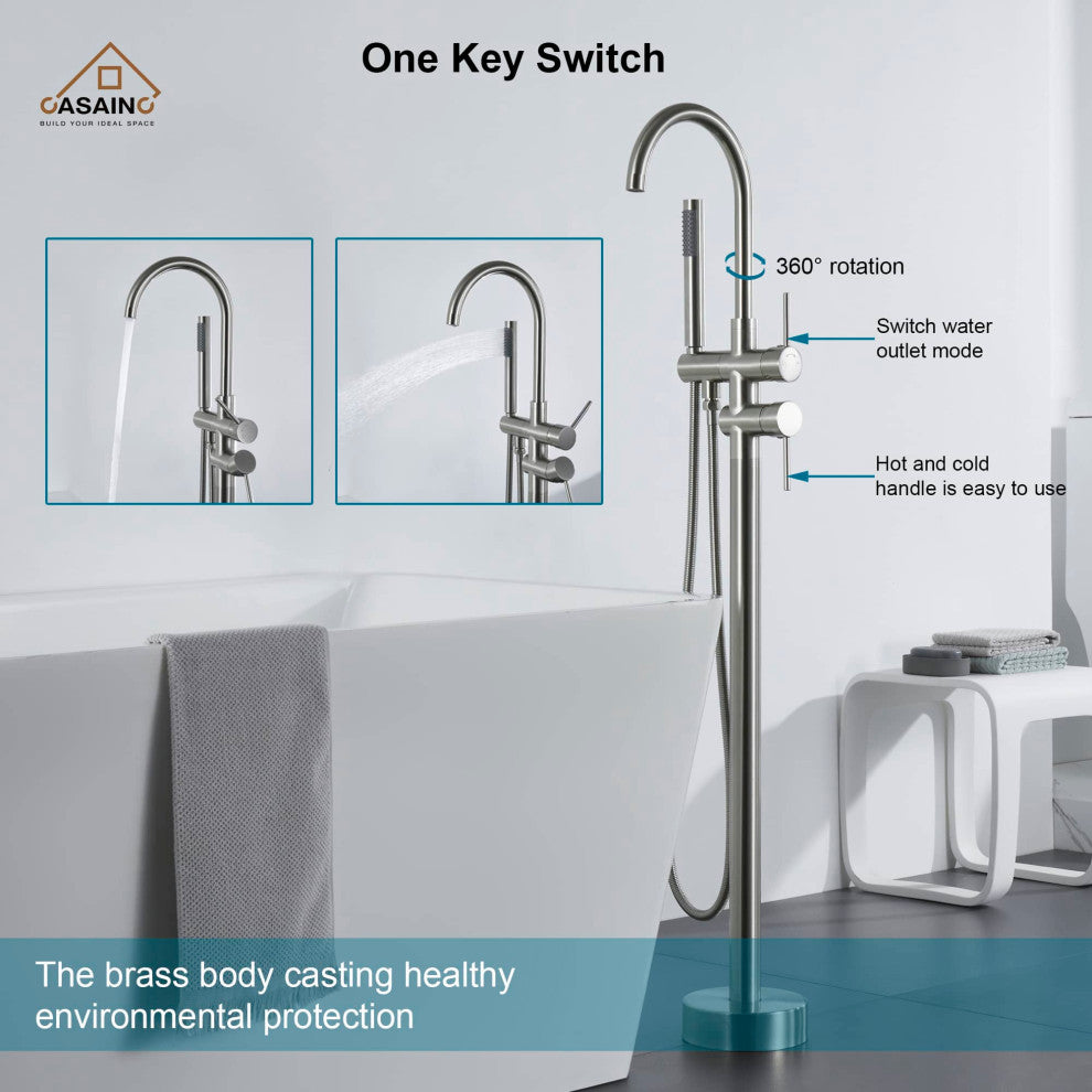 Freestanding Bathtub Faucet Hand Shower Floor-Mount High-arc Tub Faucet 2-Handle