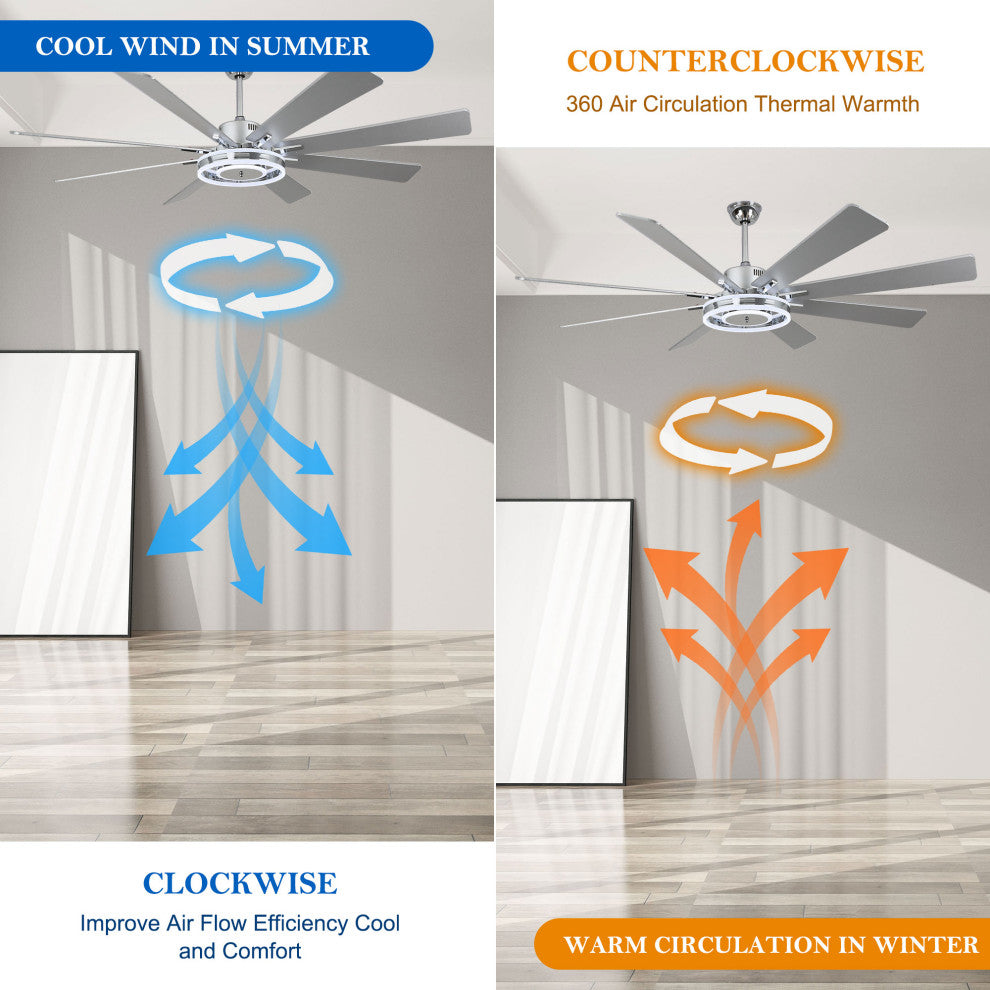 72" Large Ceiling Wood Blade Fan w LED Lights and Remote, Chrome