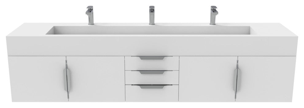 CastelloUSA Nile 84" Wall Mounted Bathroom Vanity Set, White, White Top, Brushed Nickel