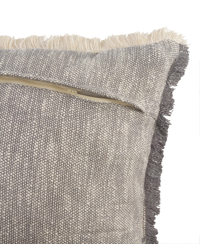 Two-Tone Cotton Throw Pillow with Fringe, Gray, 20" X 20"
