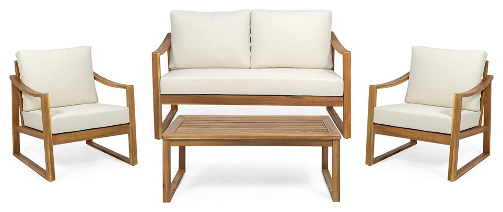 Acacia Wood 4-Piece Patio Set with Cushioned Seating and Matching Coffee Table