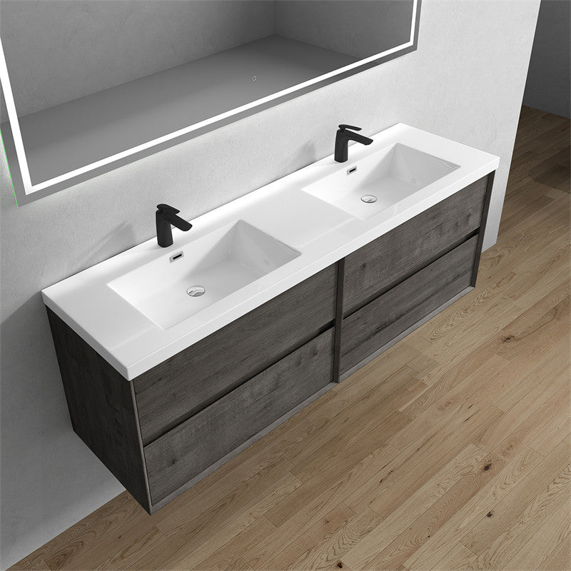 Ashley 72'' Floating Vanity, Acrylic Top, Double Sink, Smoke Oak