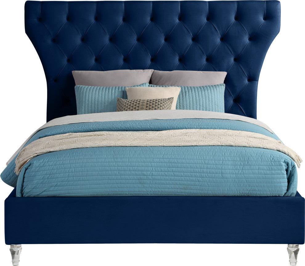 Kira Velvet Upholstered Bed, Navy, Queen