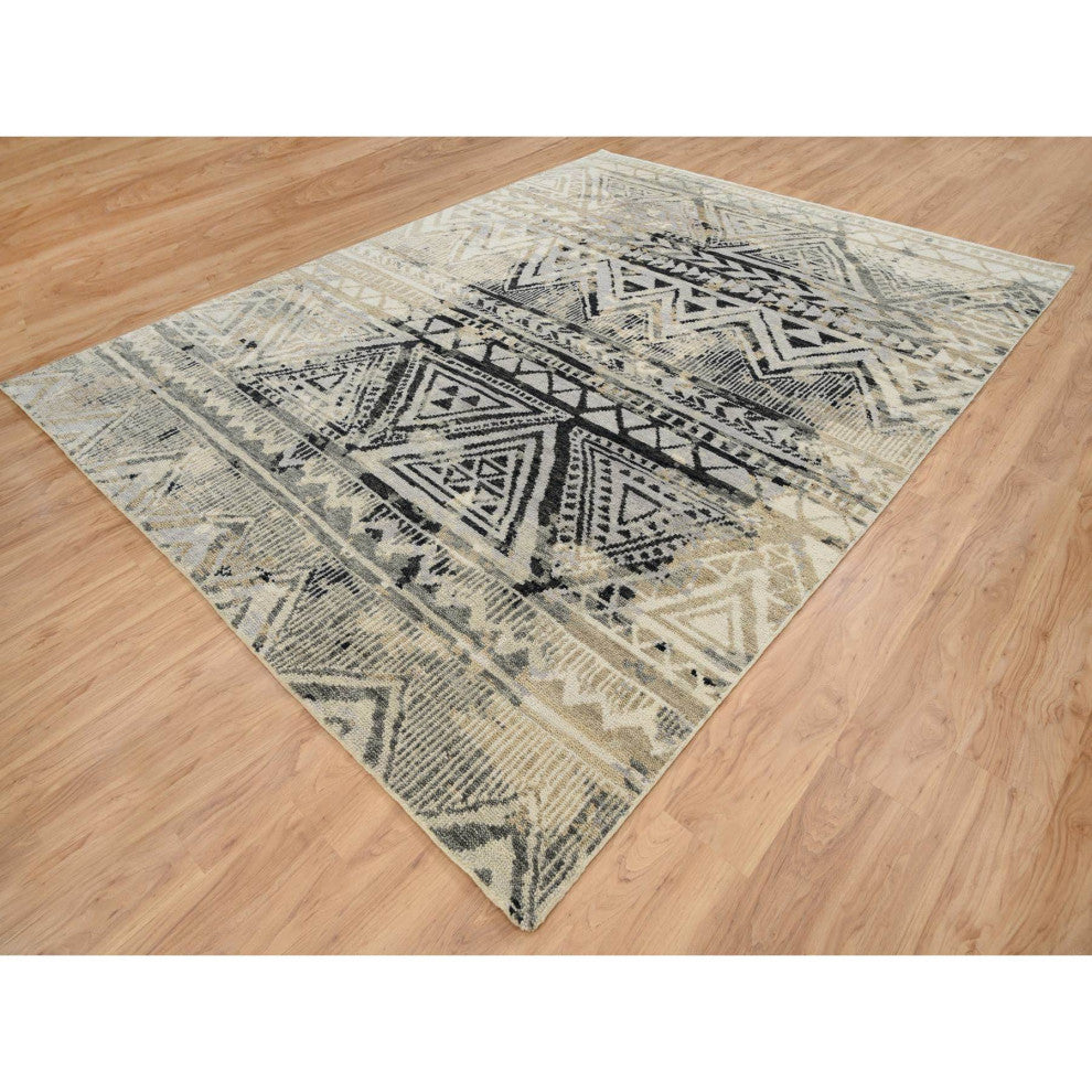 Gray, Erased Ethnic Geometric Design, Pure Wool Hand Knotted Rug, 9'1" x 12'0"