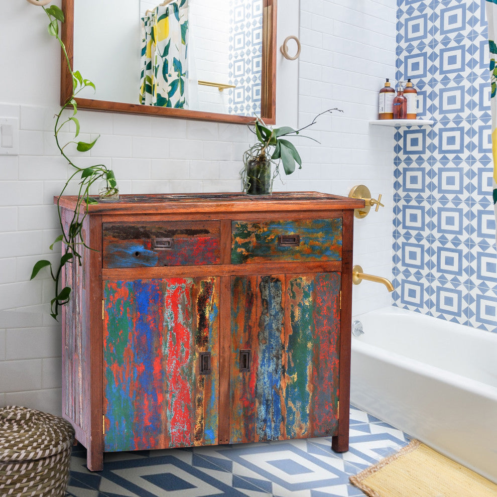 Marina Del Rey Recycled Teak Wood Linen Cabinet, 2 doors and 2 drawers